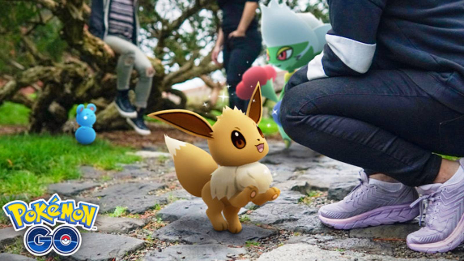 Promotional artwork for Pokemon Go shows a Trainer playing with an Eevee