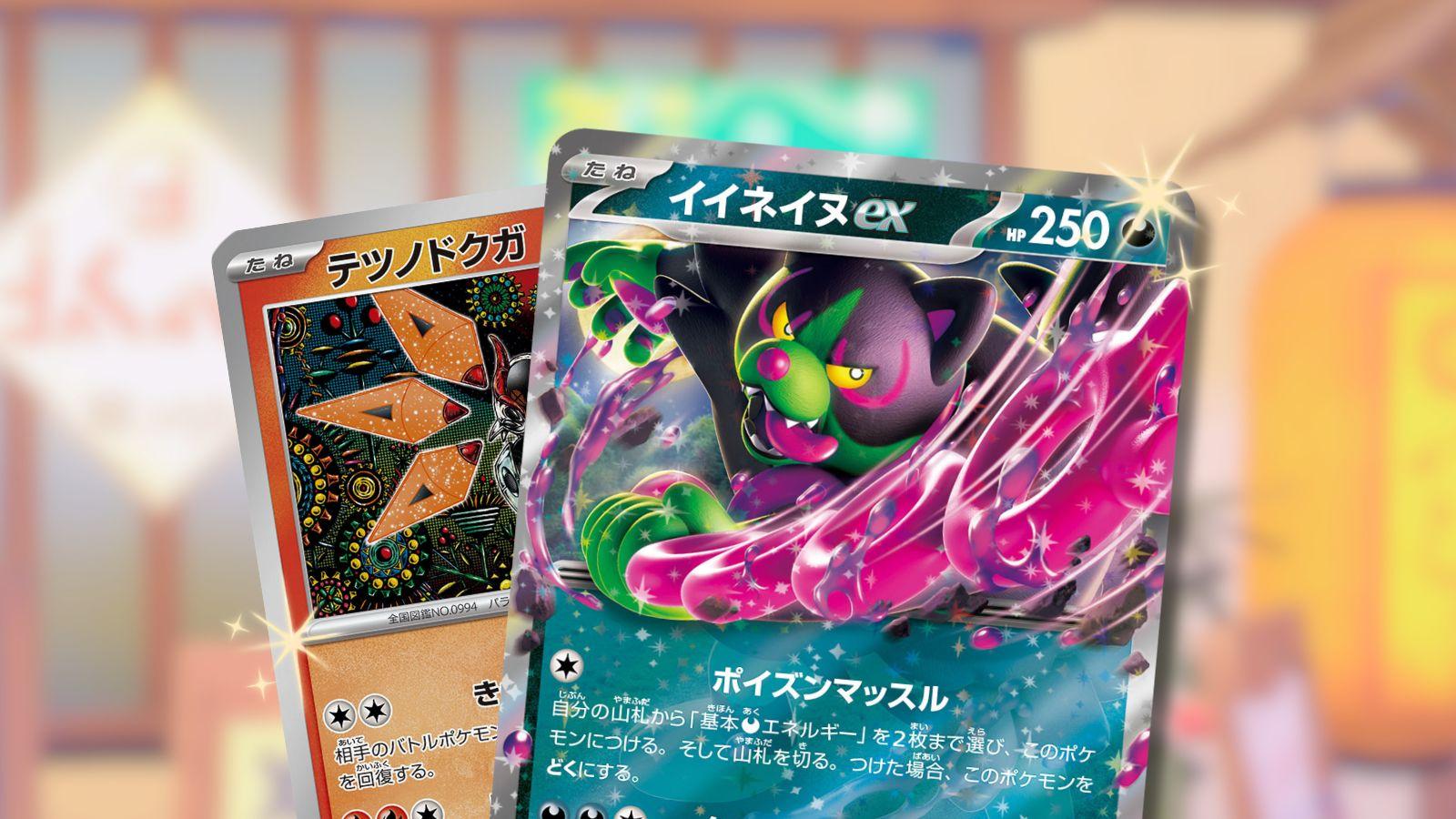 Okidogi and Iron Moth Pokemon cards with Teal Mask background.