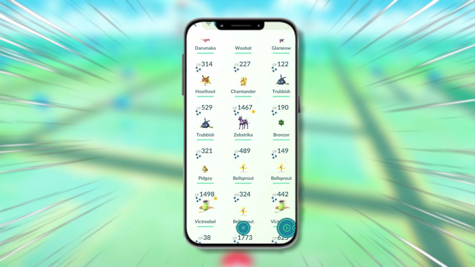 a phone shows Pokemon Go and multiple Shiny Pokemon