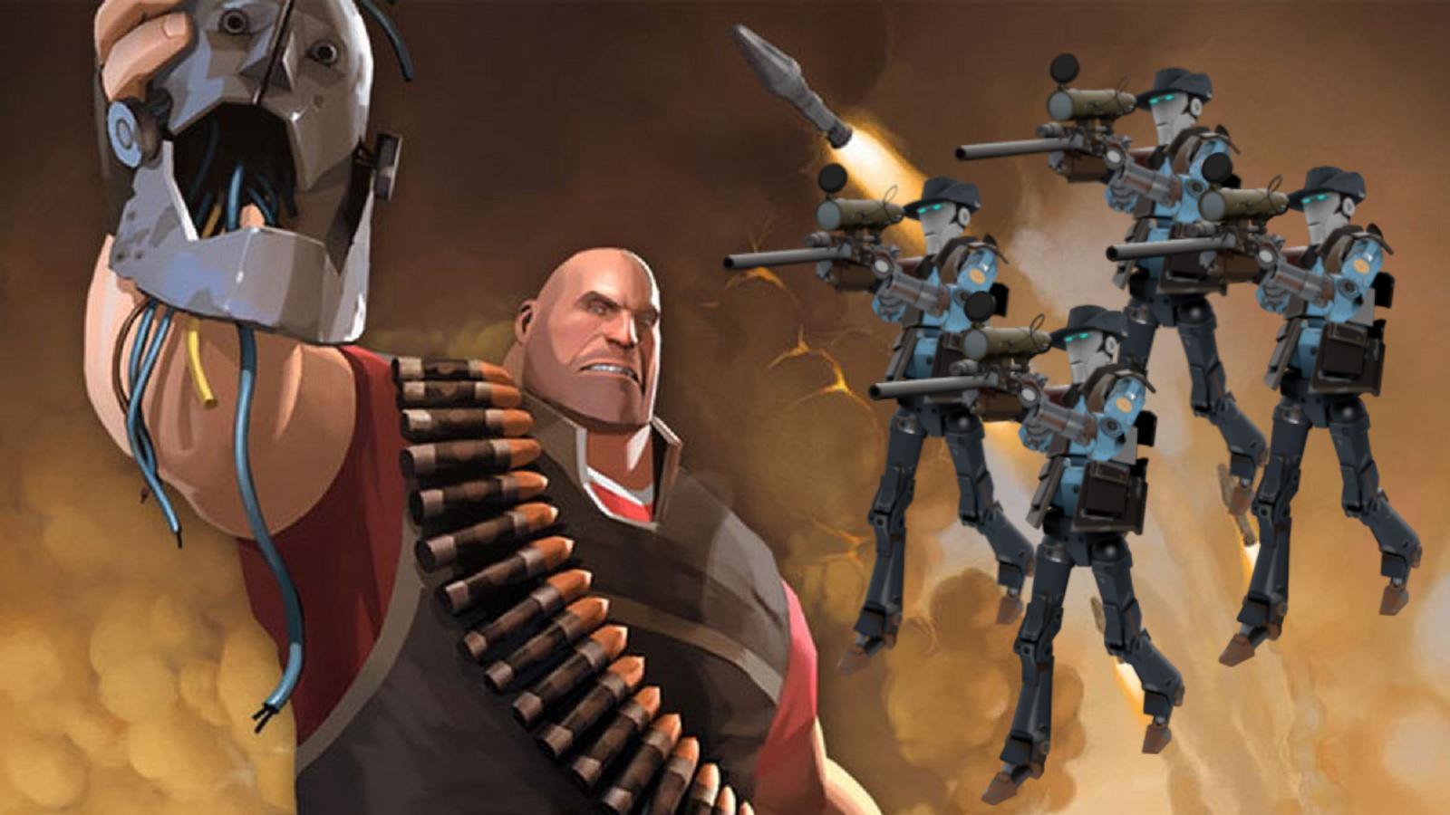 The Heavy in Team Fortress 2 ripping a head off robot sniper bots